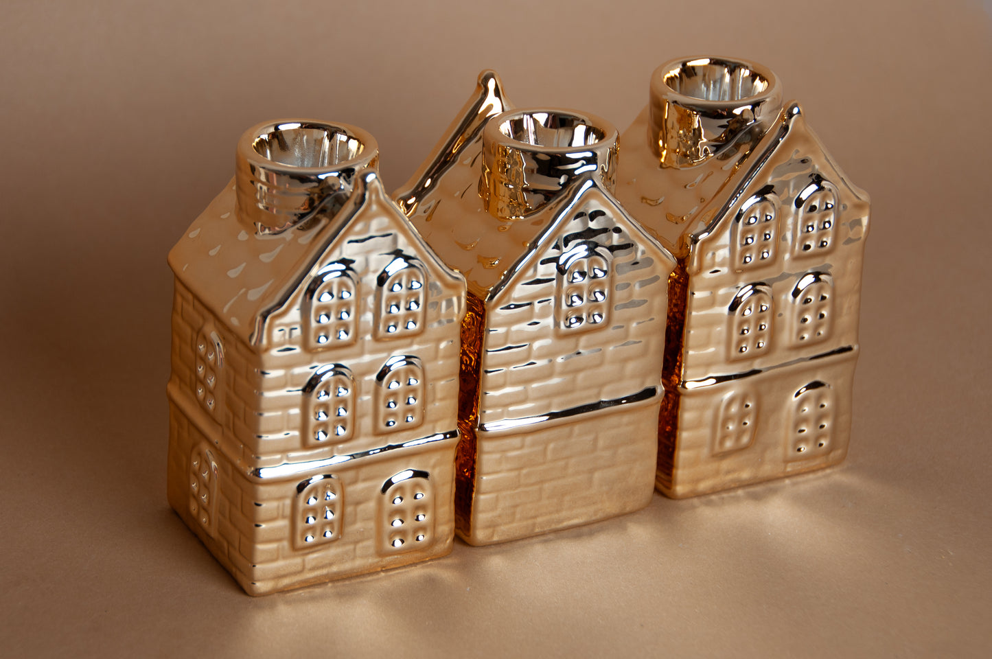 Set van 3 Gouden Huisjes Kandelaar – Stijlvolle Sfeer Voor Elk Interieur